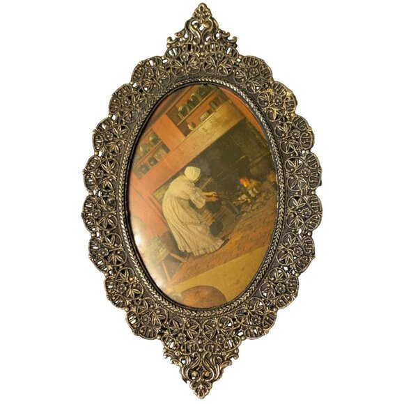 Vintage Ornate Oval Brass Frame With Colonial Fireplace Scene Print 6" x 3.5" - Picture 1 of 6